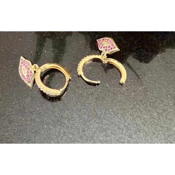 Lip Charm Hoop Earrings 14K Gold Plated CZ Lip Charm Dangle - Picture 3 of 6